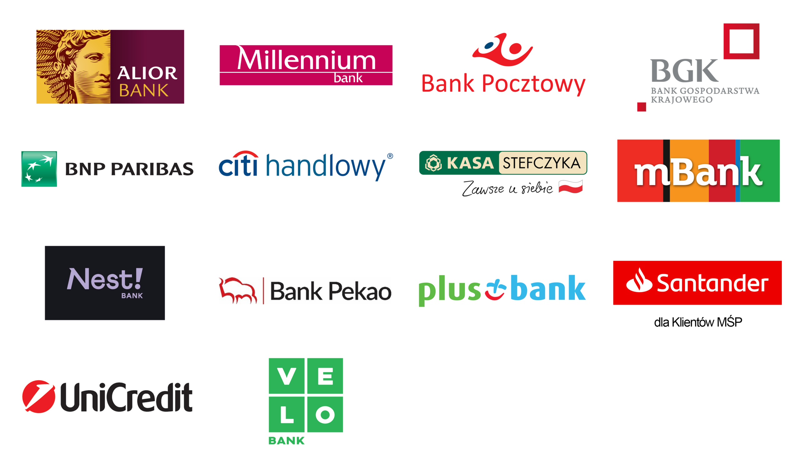 Logotypy firm Alior Banku, Banku Millennium, Banku Pocztowego, Banku BGK, BNP Paribas, Citi Handlowy, Kasy Stefczyka, mBanku, Nest Banku, Banku Pekao S.A., Plus Banku, Santander Bank Polska (dla Klientów MŚP), VeloBanku oraz UniCredit